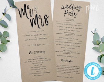 Mr & Mrs Wedding Program Template, 1/2 page Printable Program, Instant Download, Ceremony Program, DIY Wedding Program, Editable Program