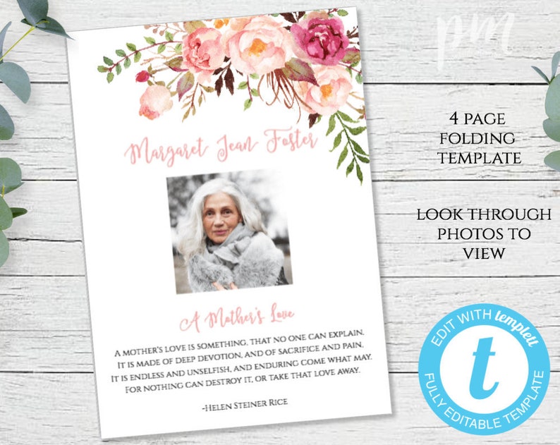 Funeral Template Peach Floral Obituary Program Printable Funeral Editable Celebration of Life Template PFF3 Downloadable In Loving Memory