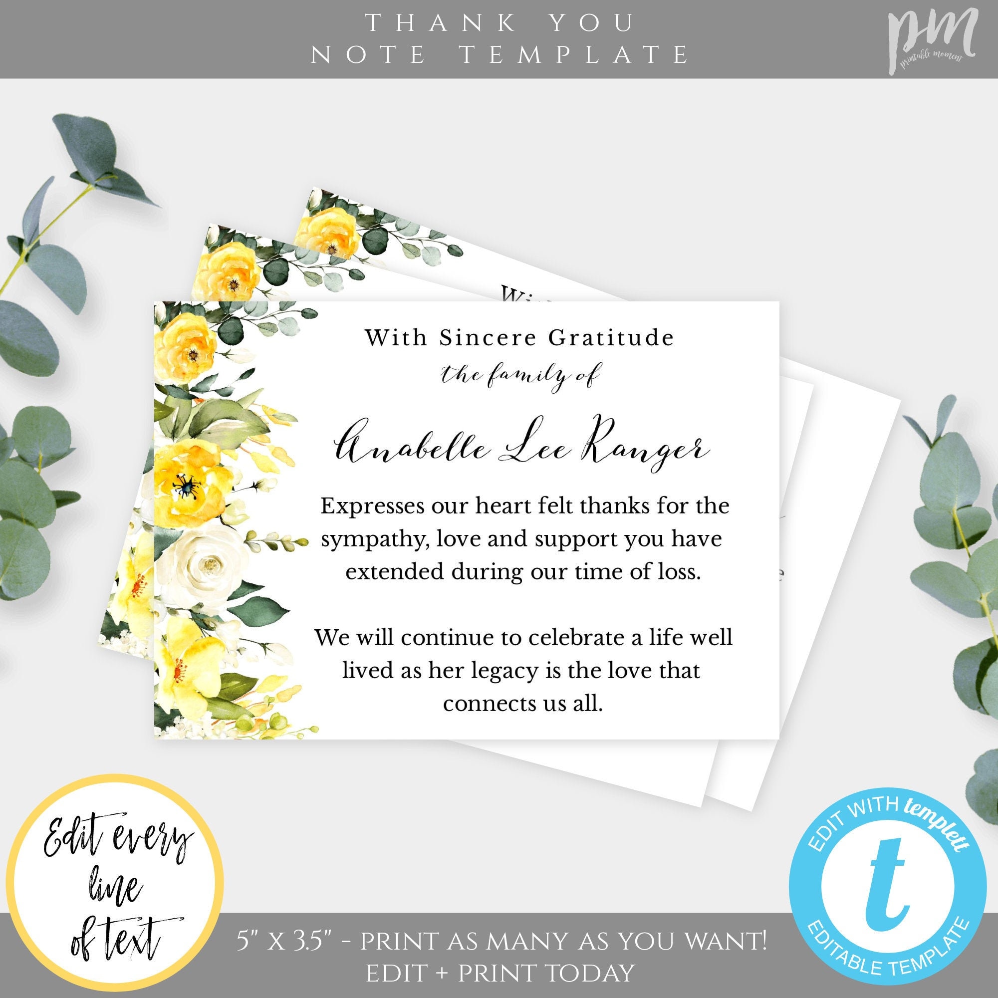 Yellow Floral Funeral Thank You Card Template, Memorial Card, Sympathy  Cards, In Loving Memory Card, Printable Funeral Card Edit + Print YFF Within Remembrance Cards Template Free