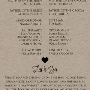 May include: A wedding party announcement with a black heart at the bottom. The text reads "Wedding Party" and lists the names of the wedding party members, including the mother of the bride, father of the bride, maid of honour, bridesmaids, flower girl, mother of the groom, father of the groom, best man, groomsmen, and ring bearer. The text at the bottom reads "Thank You" and "Thank you for joining us on this special day! Being surrounded by our loving family and friends has made this day what it is meant to be - a celebration of love. Following the ceremony, we hope you can join us for dinner and dancing. With love, Amanda & Christopher."