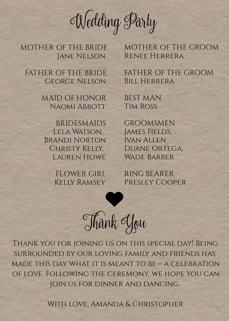May include: A wedding party announcement with a black heart at the bottom. The text reads "Wedding Party" and lists the names of the wedding party members, including the mother of the bride, father of the bride, maid of honour, bridesmaids, flower girl, mother of the groom, father of the groom, best man, groomsmen, and ring bearer. The text at the bottom reads "Thank You" and "Thank you for joining us on this special day! Being surrounded by our loving family and friends has made this day what it is meant to be - a celebration of love. Following the ceremony, we hope you can join us for dinner and dancing. With love, Amanda & Christopher."