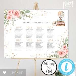 May include: A printable wedding seating chart with a pink floral design and gold glitter. The chart is divided into eight tables with names listed for each table. The text "Please Find Your Seat" is at the top of the chart. The chart is 61 cm by 46 cm.