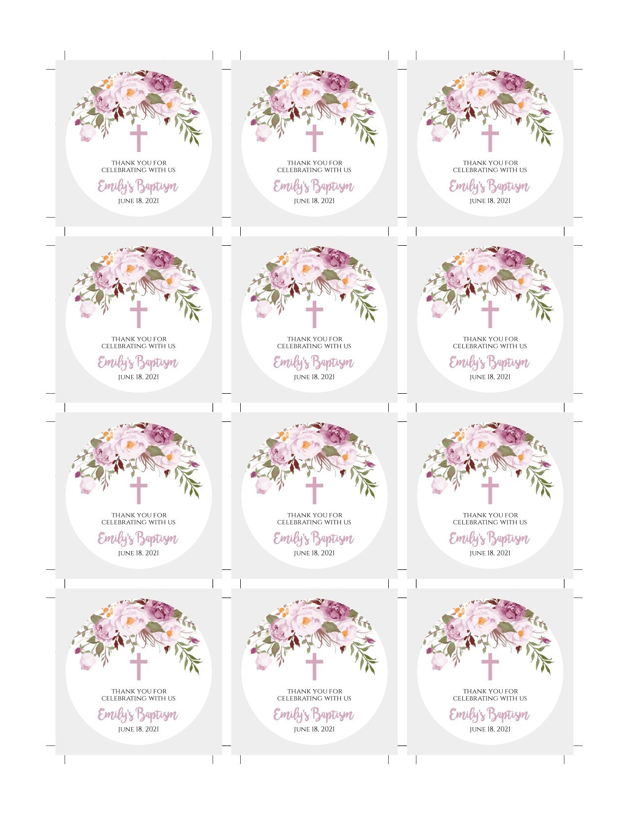 Purple Floral Baptism Favor Tag Template Set Printable Thank | Etsy