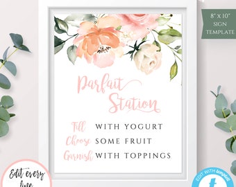 Parfait Bar Sign Template, Peach Floral Baby Shower Yogurt Bar Sign, Edit + Print Baby Shower Decor, Dessert Table Sign, Wedding Sign, BSP2