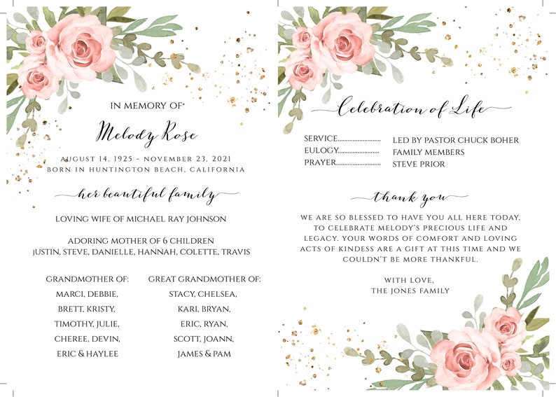Pink Floral Funeral Program, Greenery Memorial Program, Memorial ...