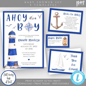 Nautical Baby Shower Printable Template, Sailor Invitation for Baby Shower, Ahoy It&#39;s a Boy Invitation, Anchor, Editable Lighthouse, BSN