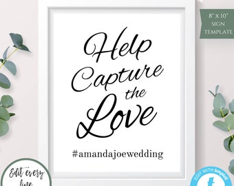 Help Capture The Love Sign Template, Hashtag Wedding Sign, Instagram Sign, Printable Hashtag Sign, Editable Sign, Instant Download, WBV