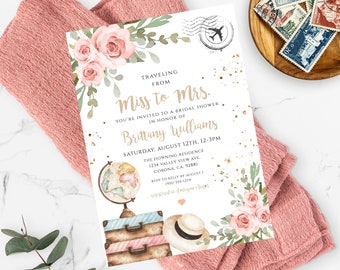 Traveling from Miss to Mrs Invitation Template, Pink Floral Bridal Shower, Printable Travel Shower, Editable Suitcase Invite, World Map TBSP
