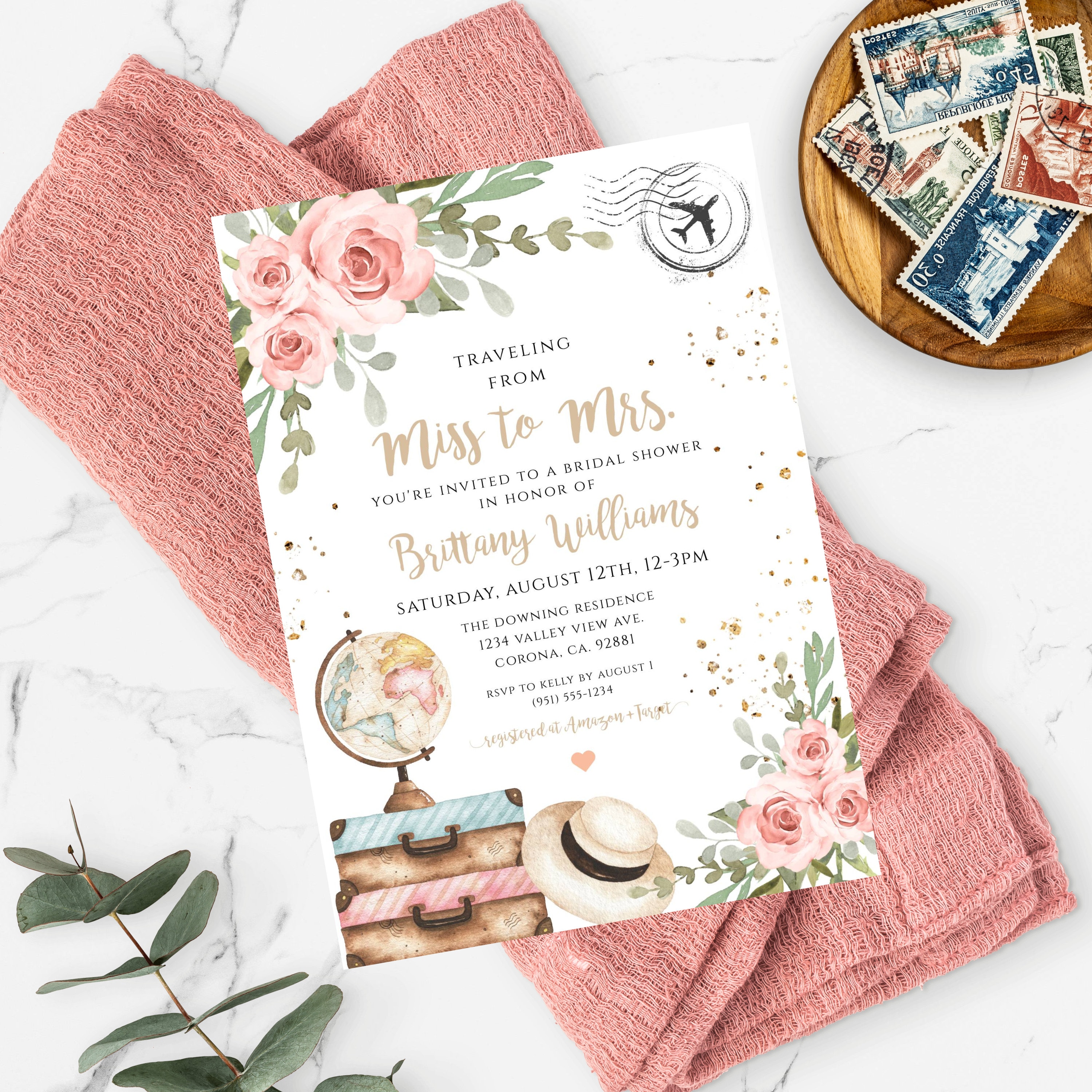 Traveling From Miss To Mrs Invitation Template Pink Floral Etsy