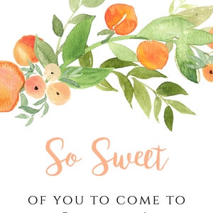 May include: A white tag with a watercolor illustration of orange blossoms and leaves. The text "So Sweet" is written in peach colored script. The text "Of you to come to Courtney's Baby Shower 11.3.21" is written in black.