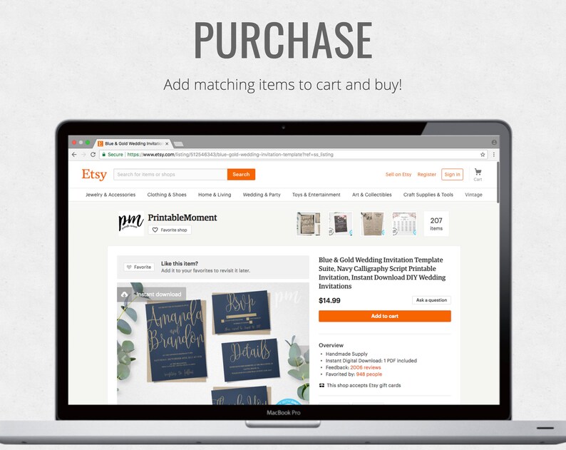 Puede incluir: Una captura de pantalla de una lista de productos de Etsy para un conjunto de plantillas de invitaci&oacute;n de boda azul y dorado. La lista incluye una vista previa del dise&ntilde;o de la invitaci&oacute;n, una descripci&oacute;n del producto y un precio de 14,99 $. La lista es de la tienda PrintableMoment.