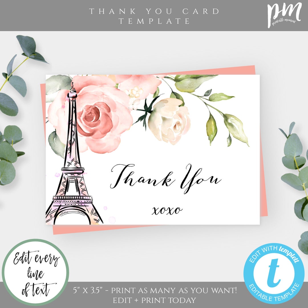 Paris Thank You Note Template for Baby Shower, Printable Eiffel Tower ...