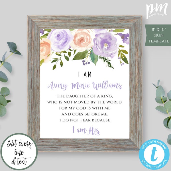 I Am a Daughter of the King Print I Am a Child of God Daughter of God I Am His Nursery Printable Personalized Purple Floral Baptism Gift