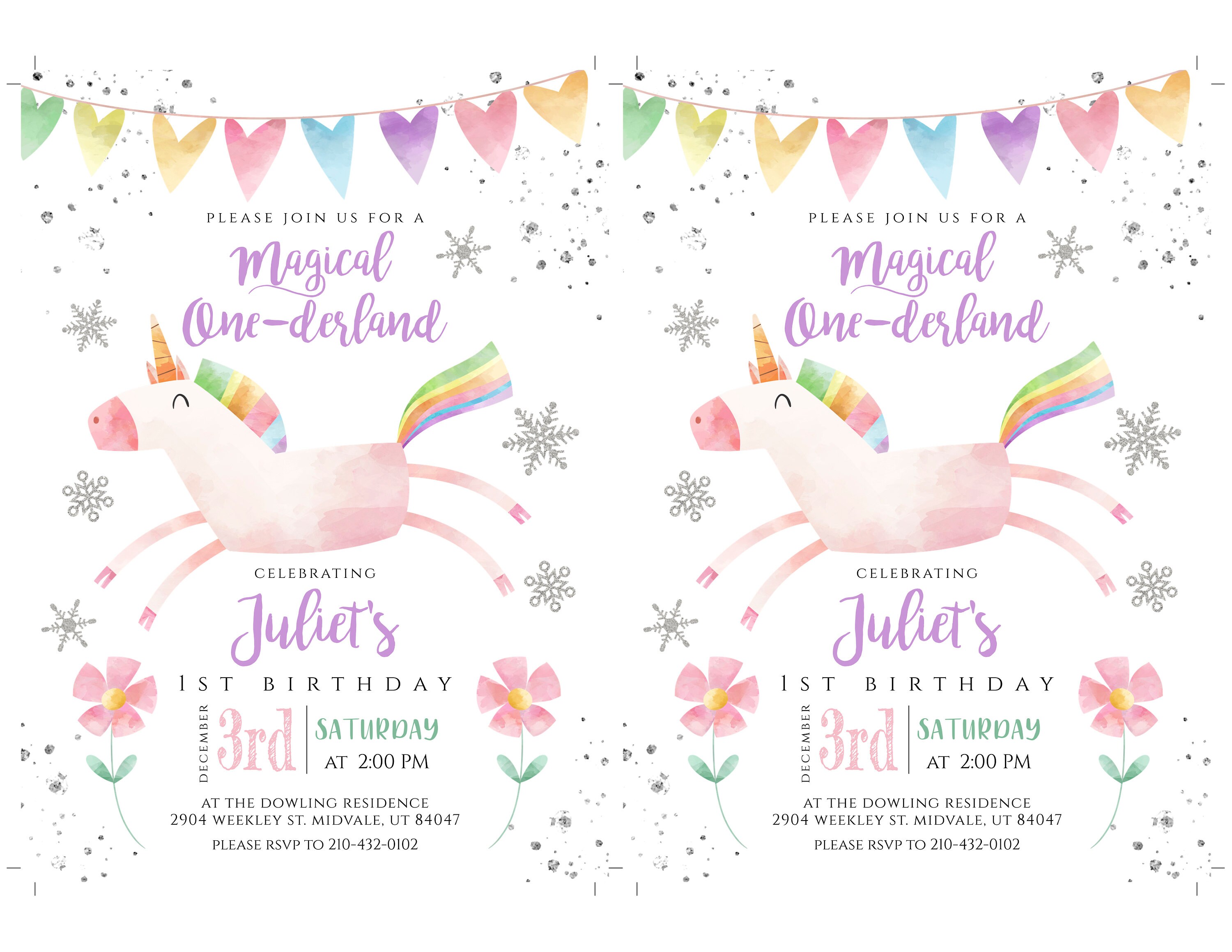 Unicorn 1st Birthday Invitation Template One-derland Invite | Etsy