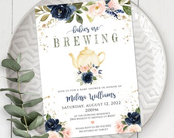 Babies Are Brewing Invitation Template, Twins Baby Shower Invite, Twin Boy + Girl Baby Shower, Pink + Blue Editable Twins Watercolor Invite