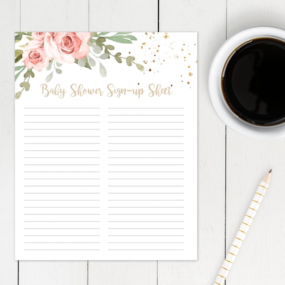 Blush Floral Baby Shower Sign-up Sheet Template Gold | Etsy