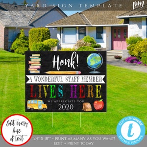Staff Member Appreciation Yard Sign Template, Honk Yard Sign for Staff, Social Distancing, Quarantine Appreciation, Virtual School Sign, TA