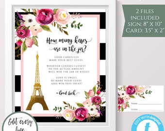 Paris Bridal Shower, How Many Kisses Are In The Jar Game, Bridal Shower Game, Instant Download, Wedding Shower Game, Printable, WSPBW