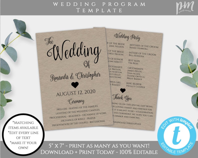 May include: A printable wedding program template with a rustic brown background. The text reads "The Wedding of Amanda & Christopher" with the date August 12, 2020. The program includes a ceremony order and a wedding party list. The template is 12.7 cm by 17.8 cm and is 100% editable.