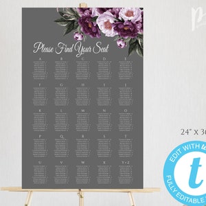 Alphabetical Wedding Seating Chart Seating Plan Purple and Gray Table Seating Sign Editable Wedding Plan Table Plan Seating Template WBPG