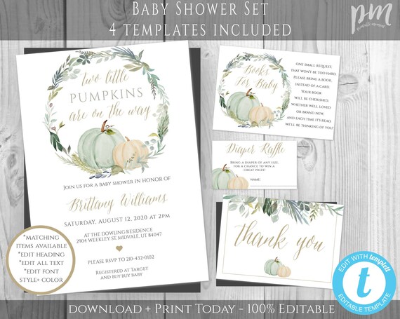 Twins Baby Shower Invitation Template Set, Little Pumpkin Baby Shower Printable, Fall Invitations, Rustic Shower, Pumpkin Watercolor, GOS