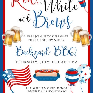 Pu&ograve; includere: Invito a un barbecue in giardino a tema rosso, bianco e birra con un hot dog, boccali di birra e palloncini con la bandiera americana. La residenza dei Williams, 40620 Calle Contento, Temecula, CA. Si prega di confermare la propria presenza a Kelly entro il 20 giugno, (951) 555-1234.