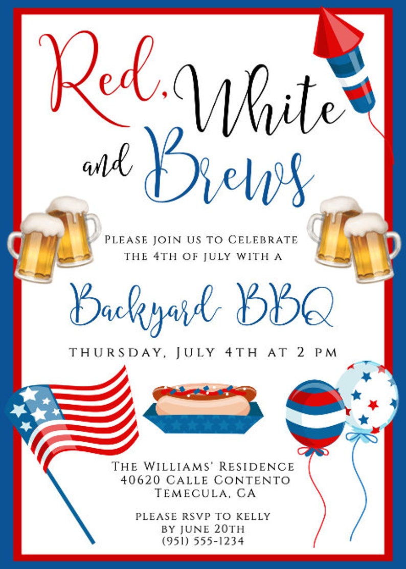 Pu&ograve; includere: Invito a un barbecue in giardino a tema rosso, bianco e birra con un hot dog, boccali di birra e palloncini con la bandiera americana. La residenza dei Williams, 40620 Calle Contento, Temecula, CA. Si prega di confermare la propria presenza a Kelly entro il 20 giugno, (951) 555-1234.