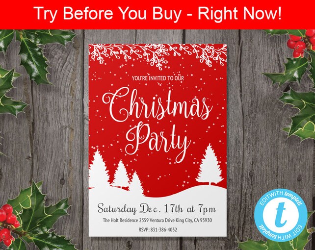 red christmas party invitation template instant download holiday work christmas party invitations
