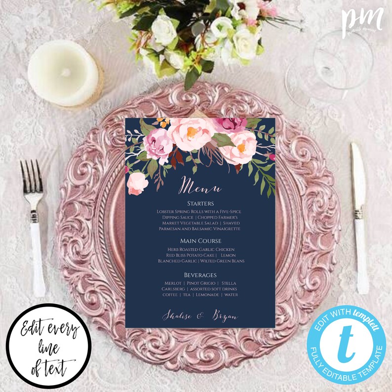 Menu Card Editable Wedding Menu WBBP Fully Editable DIY Menu Printable Food Menu Sign 5 x 7 Pink Wedding Dinner Menu Template Blue