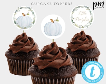 Blue Pumpkin Fall Baby Shower Cupcake Topper Template, Little Pumpkin Shower Decor, 2 Inch Round Cupcake Toppers, Download + Print Today BPS