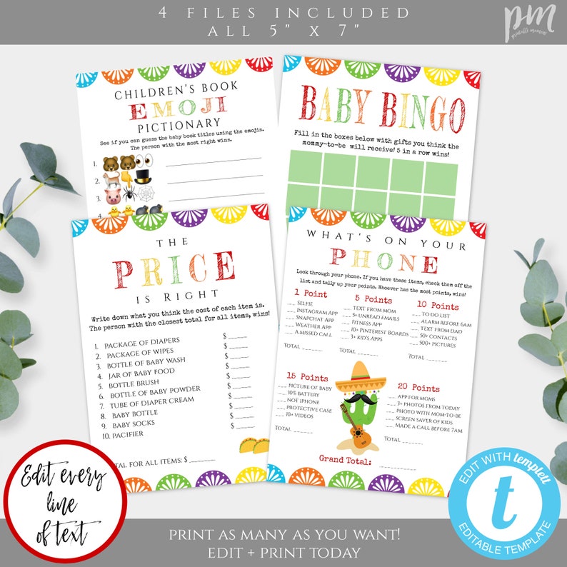 May include: A set of four printable baby shower games, including an emoji pictionary, baby bingo, and a "What's on Your Phone" game. The games are designed on white paper with colorful borders and text. The size is 5" x 7".