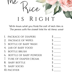 May include: A printable game for a baby shower, called "The Price is Right". The game asks players to guess the price of various baby items, such as nappies, wipes, baby wash, and baby food.