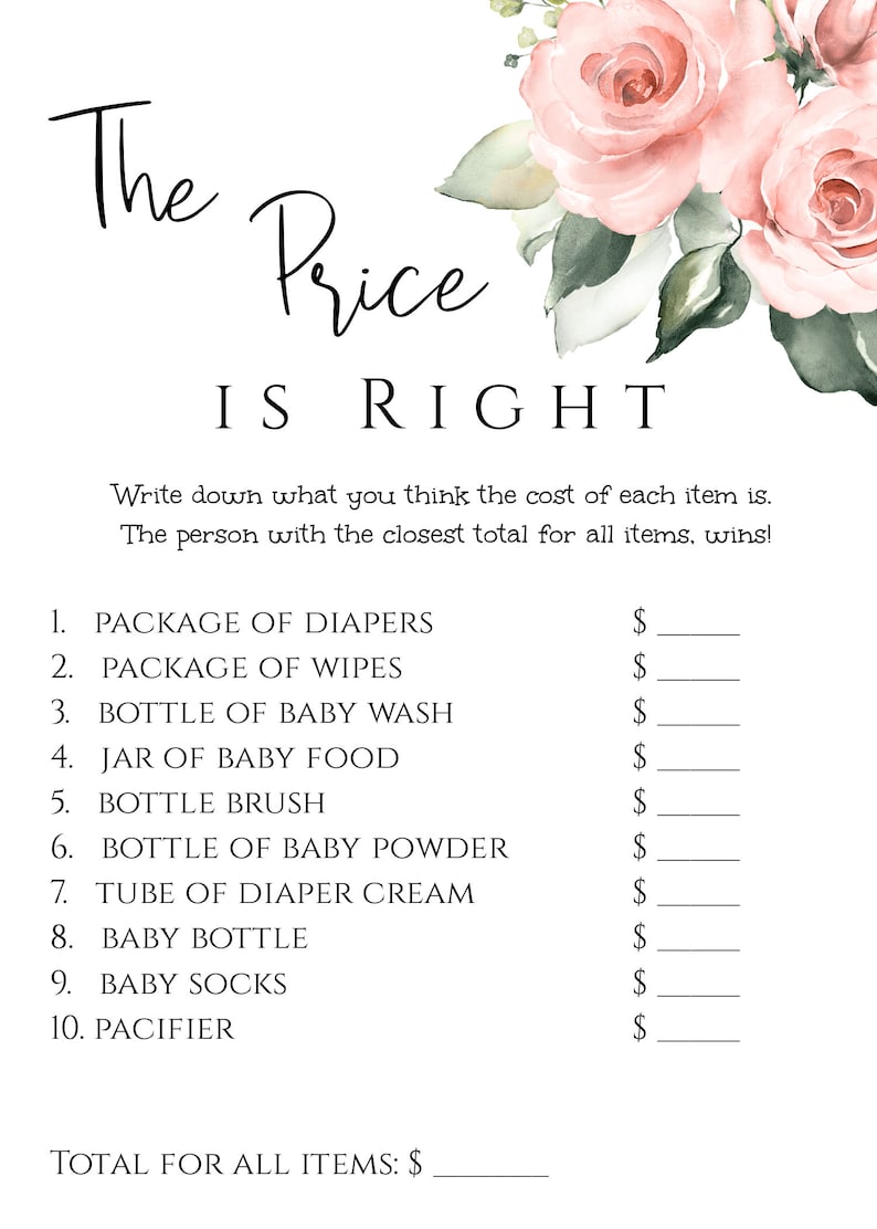 May include: A printable game for a baby shower, called "The Price is Right". The game asks players to guess the price of various baby items, such as nappies, wipes, baby wash, and baby food.