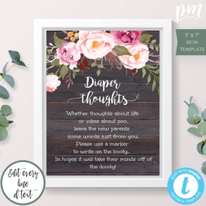 Diaper Thoughts Game Template, Rustic Floral Baby Shower, Baby Shower Game, Instant Download, Baby Shower Printable Late Night Diapers BSRF3