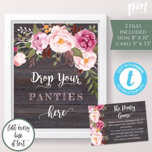 Rustic Floral Drop Your Panties Sign + Card Template, Bridal Shower Game Instant Download, Wedding Shower Game, Edit + Print Yourself, WSRF
