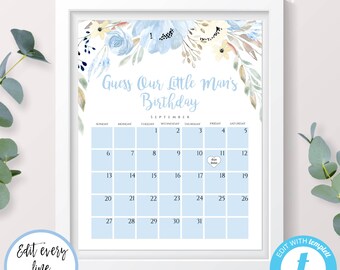 Blue Floral Due Date Calendar Template, Baby Shower Game, Guess Baby's Birthday Calendar, Self Edit + Print Baby Shower Calendar, BSBF