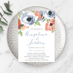Blue and Coral Floral Wedding Program Template, Wedding Program, Order of Ceremony Program, Order of Service, Blue & Coral Download, WBBC