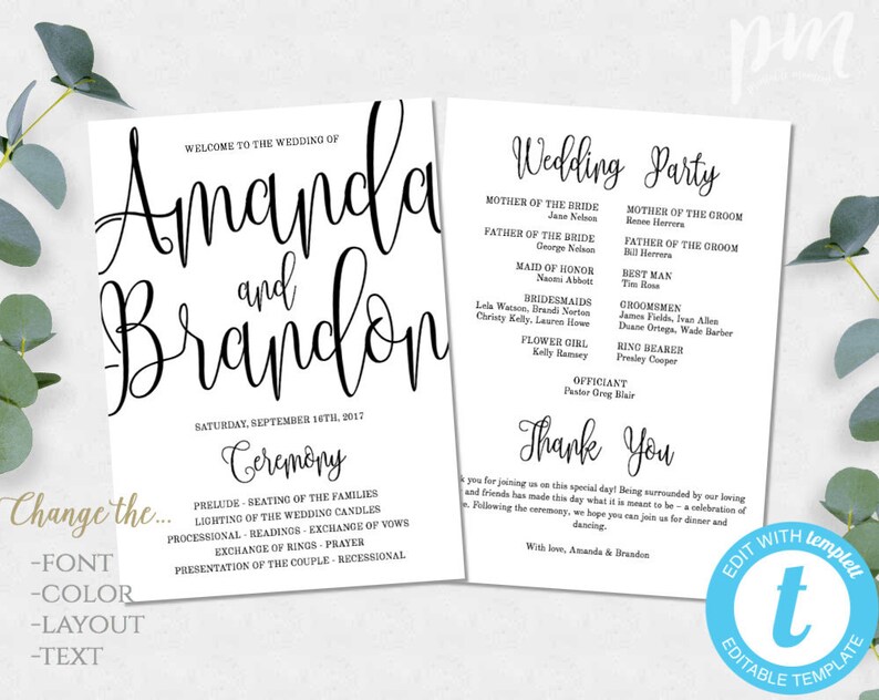 K&ouml;nnte beinhalten: Eine Vorlage f&uuml;r ein Hochzeitsprogramm mit schwarzer Schrift auf wei&szlig;em Hintergrund. Das Programm enth&auml;lt die Namen "Amanda und Brandon", Zeremoniedetails und Informationen zur Hochzeitsgesellschaft. Der Text "Edit with Templett" ist ebenfalls sichtbar.