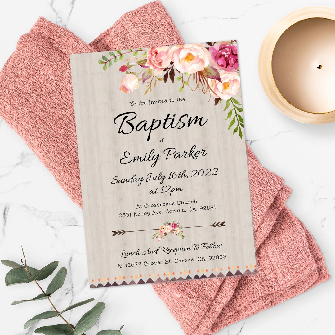 Floral Baptism Invitation Template Christening Invite Etsy