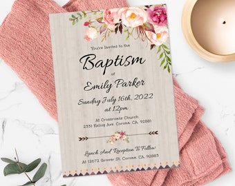 Floral Baptism Invitation Template, Christening Invite Template, Instant Download, Baptism Invite Girl Baptism Printable Floral Invite BAP11