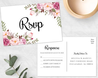 Pink Floral RSVP Postcard Template, Wedding RSVP Response Card, Try it Before You Buy it, Edit + Print Yourself, INSTANT Download, wbbh