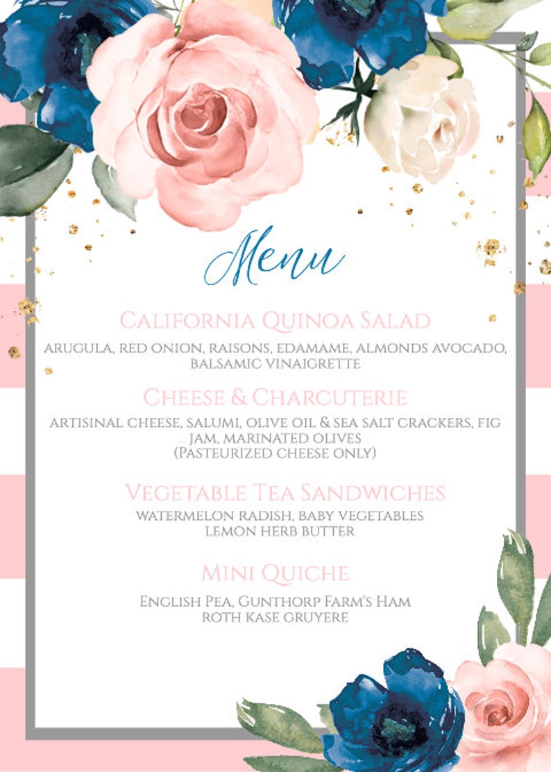 Pink Floral Baby Shower Menu Template Blue Gender Reveal Printable For Baby Shower Menu Template