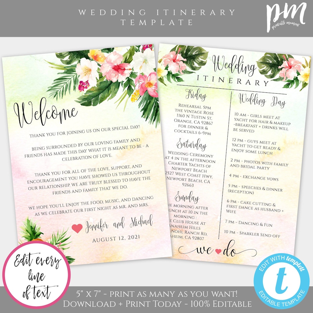 Tropical Wedding Itinerary Template Download, Destination Wedding