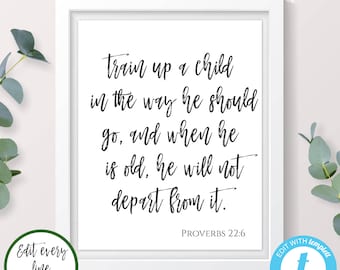 May include: A printable 8x10 inch template with a white background and black text. The text reads "Train up a child in the way he should go, and when he is old, he will not depart from it."  The text "Proverbs 22:6" is centered below the quote.