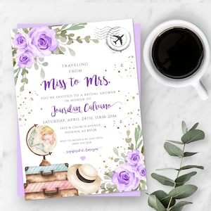 Traveling from Miss to Mrs Invitation Template, Purple Floral Bridal Shower, Printable Travel Shower, Editable Suitcase Invite, Map, PBST