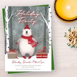 Holiday Party Invitation Template, Christmas Party Invite, Instant Download, Printable Holiday Party Invitation with Polar Bear & Presents