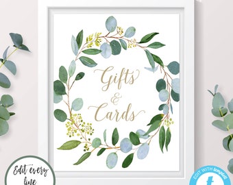 Greenery Gifts & Cards Sign Template, Cards and Gifts Sign for Baby Shower, Bridal Shower Gifts and Cards Sign, Wedding Cards + Gifts, BSG
