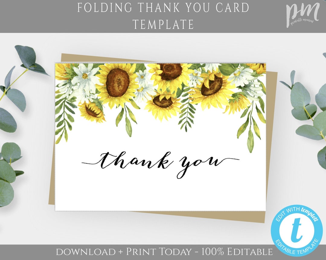 Sunflower Thank You Card Template for Funeral Folding Thank You Note ...