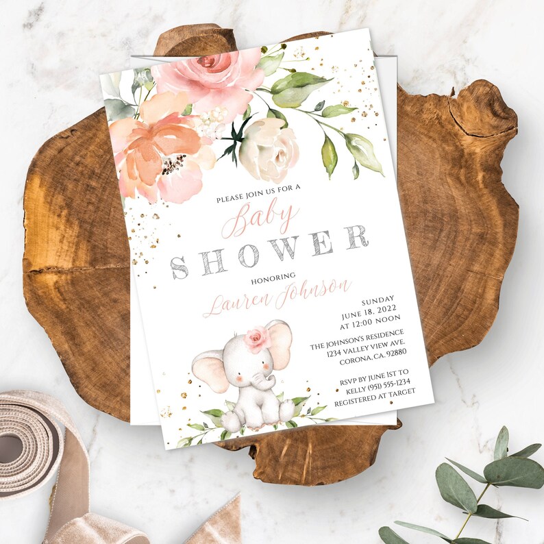 Elephant Baby Shower Invite Girl Baby Shower Invitation Etsy
