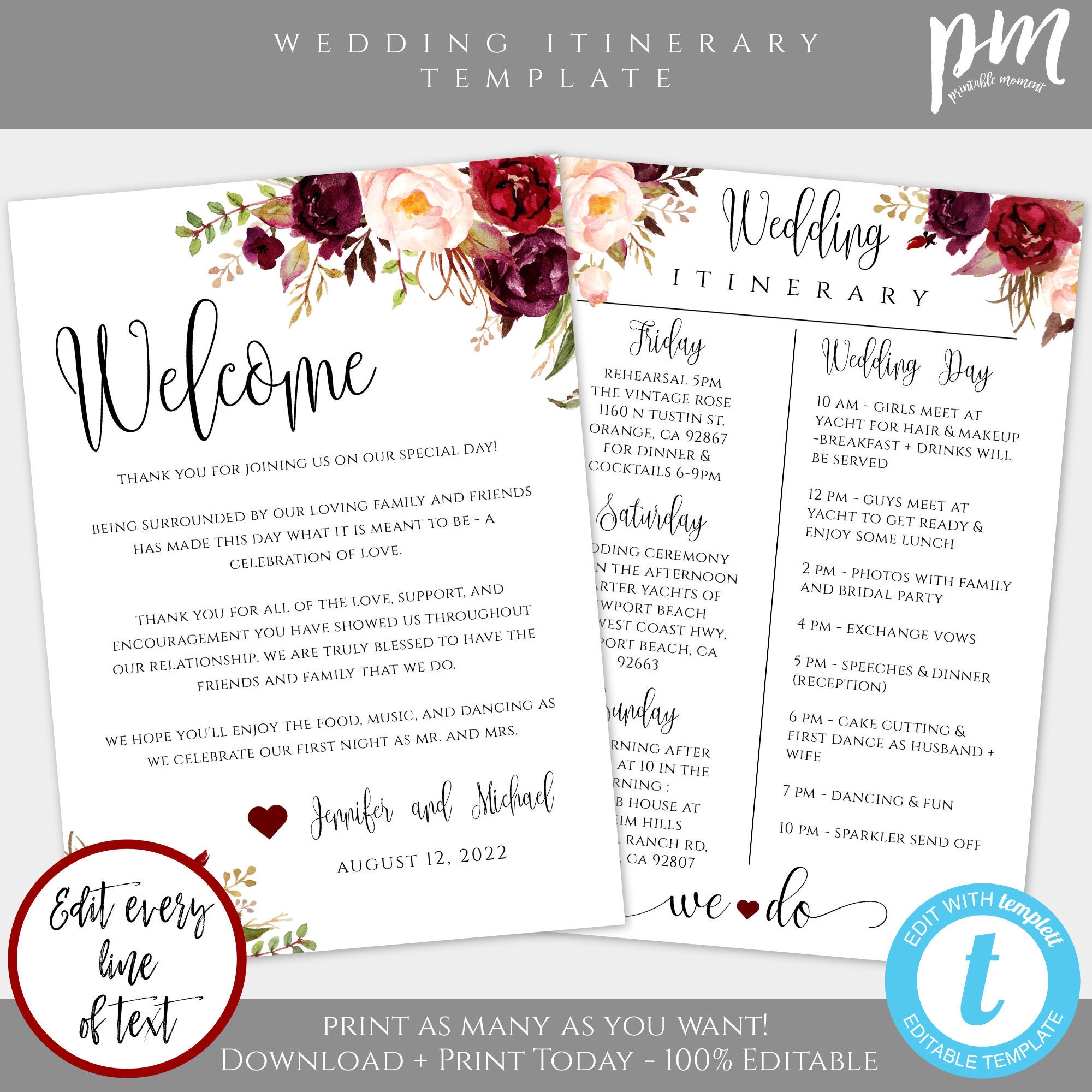 Burgundy Wedding Itinerary Template Download, Printable Wedding Itinerary,  Editable Welcome Note & Wedding Timeline, Welcome Letter, WBMB Throughout Wedding Agenda Templates
